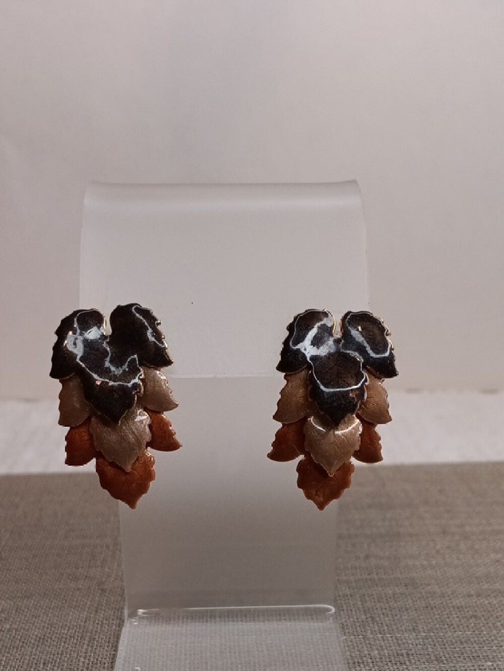 Tri-Color Enamel Leaf Drop Pierced Earrings
